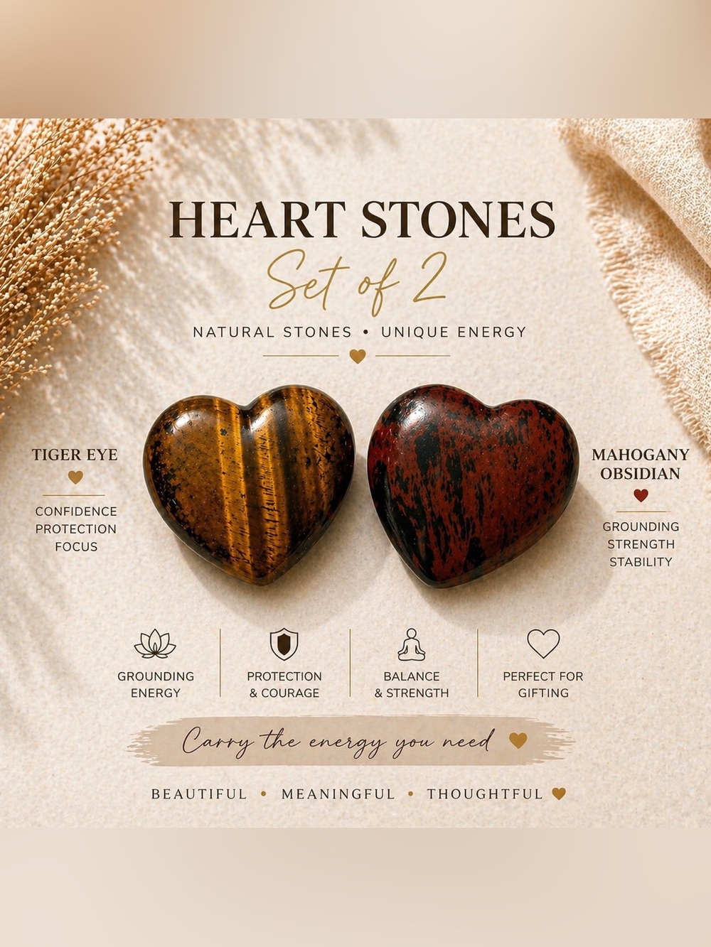 Tiger Eye & Mahogony Obsidian Heart Stones Set of 2 Polished Natural